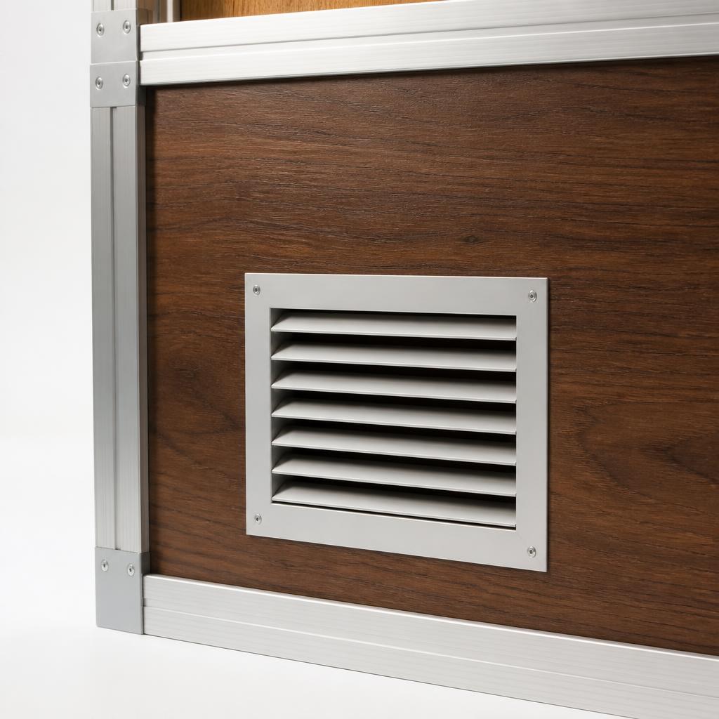 Close-up of a sukkah wall panel with white louvered air-conditioning supply vents and insulated ducting