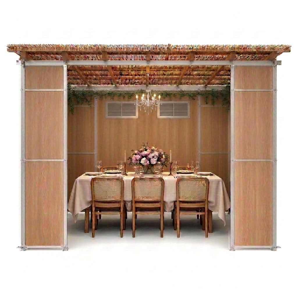 Modern modular sukkah interior with white louvered AC vents and elegant dining furnishings