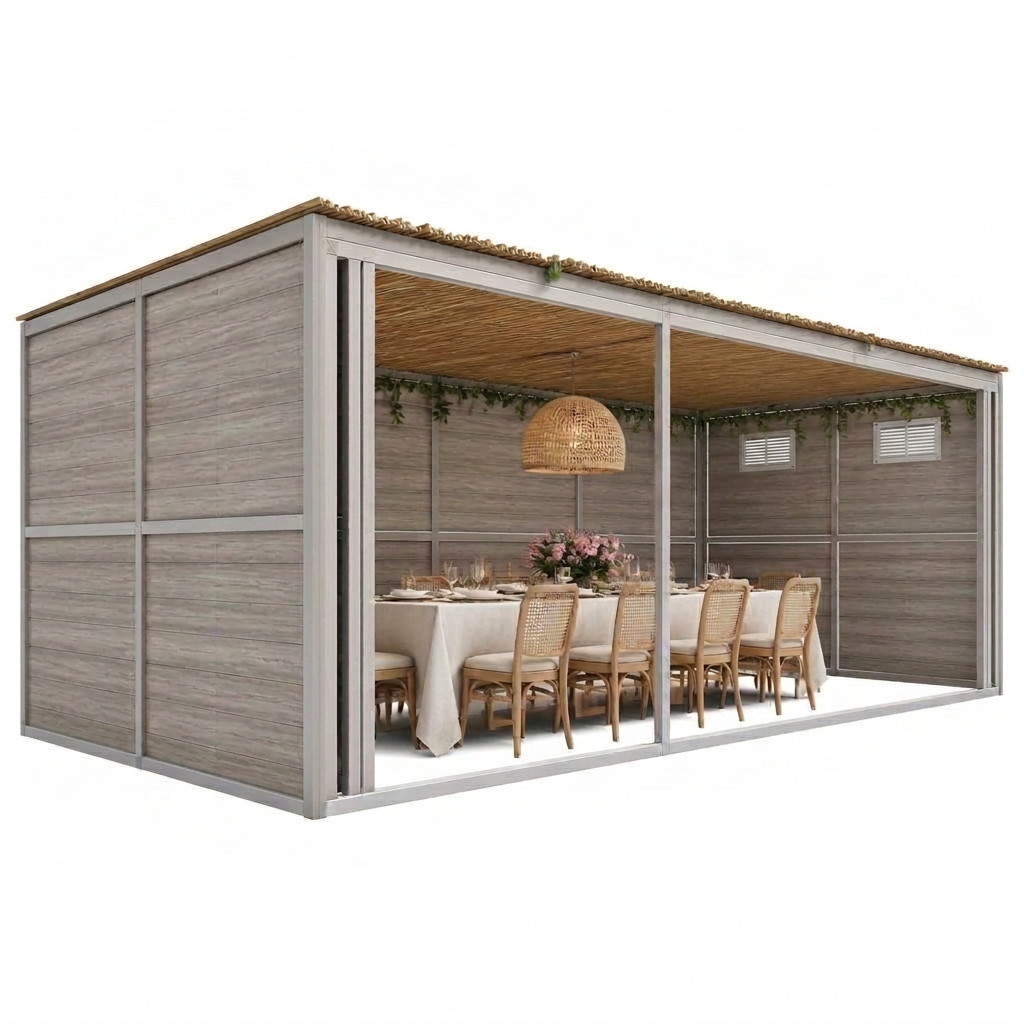 Interior of a modular sukkah with warm wood panels, woven pendant lighting and an elegant dining set